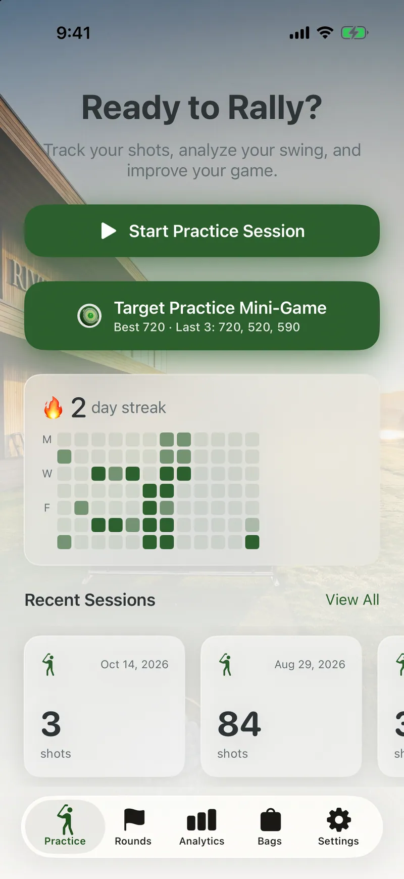 The Practice tab on iPhone, with Start Practice Session, the Target Practice Mini-Game and a practice streak calendar.
