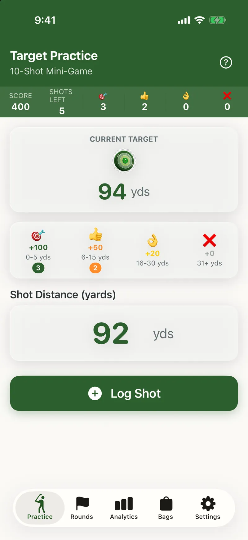 Target Practice in progress: the current target is 94 yards, with 5 shots left and a score of 400.