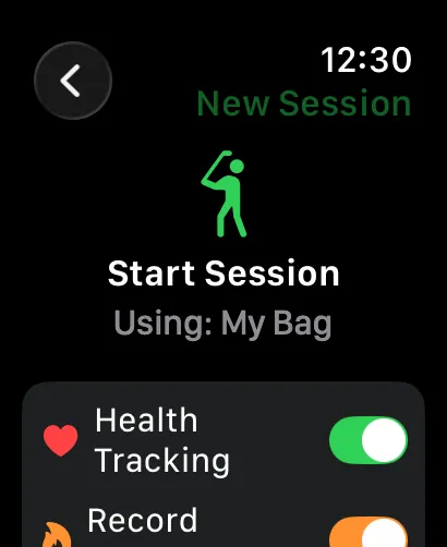 Range Rally on Apple Watch, ready to start a practice session with Health Tracking on.